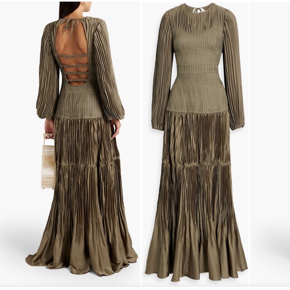 Jonathan Simkhai Malia Pleated Maxi Dres | Size 0 | XS | Olive/Moss | NWT - Picture 1 of 6